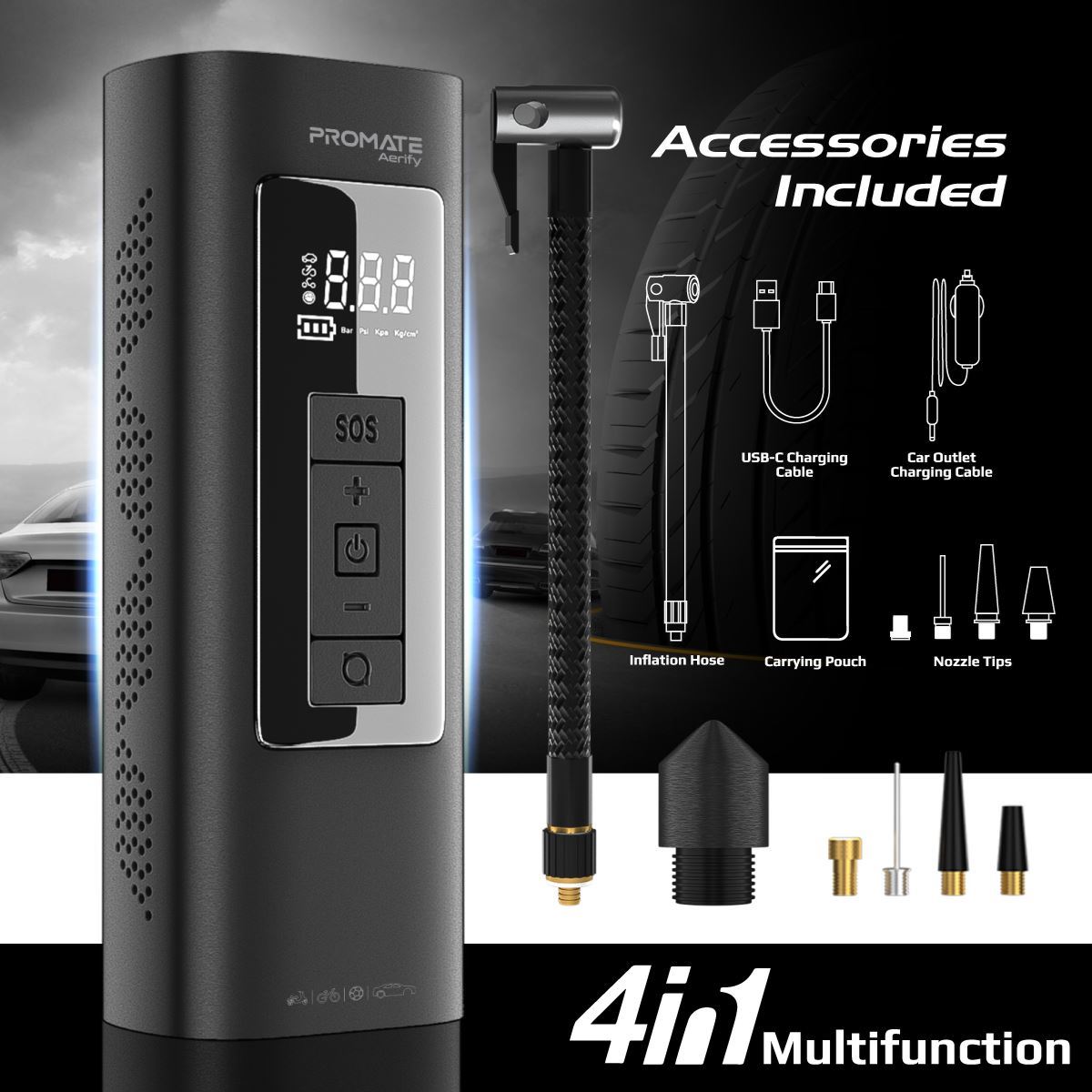 PROMATE AERIFY 150PSI Portable 4-in-1 Air Compressor Tire Inflator with Power Bank - Image 5