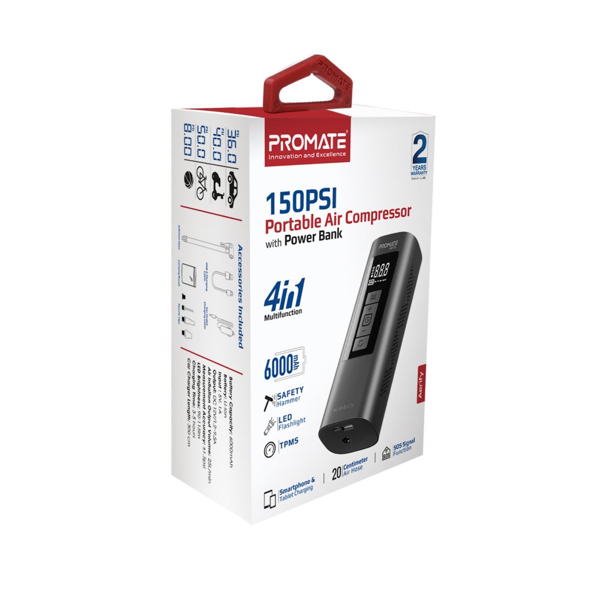 PROMATE AERIFY 150PSI Portable 4-in-1 Air Compressor Tire Inflator with Power Bank - Image 6